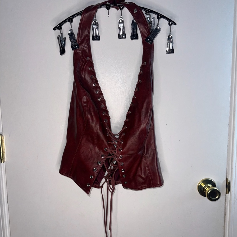 Windsor Burgundy Faux Leather Lace-Up Halter Top